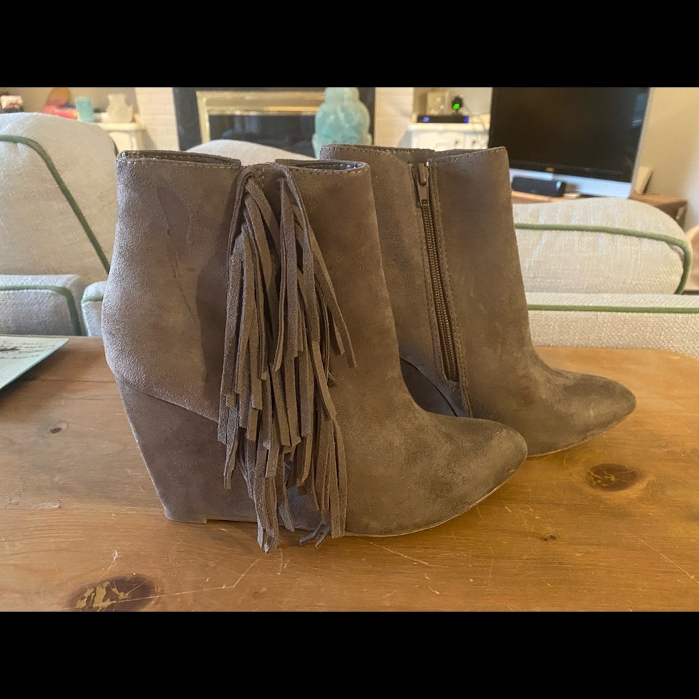 Madden Girl Taupe Fringe Suede Booties 8